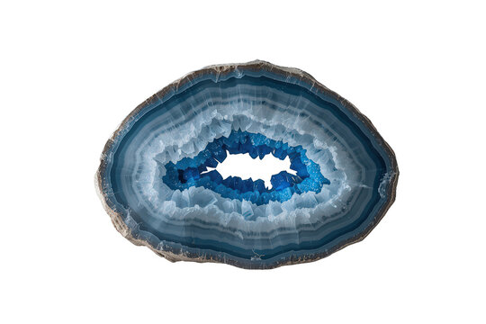 Blue agate slice displaying natural concentric patterns and sparkling crystal formation, transparent background