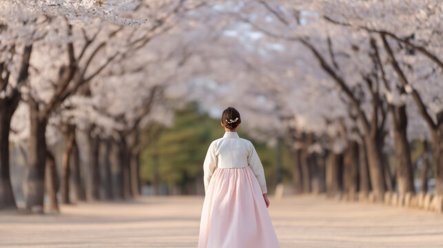 A full-body photographic snap of a Korean woman in a modern pastel hanbok, featuring a soft pink chima and white jeogori, walking gracefully under a tunnel of blooming cherry bloss