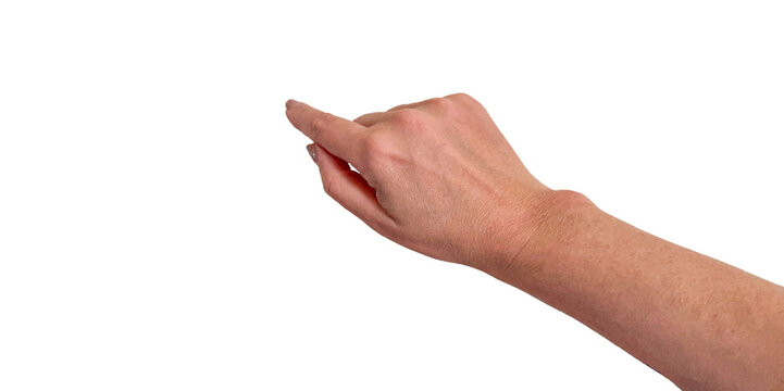 Hand finger pointing gesture isolated transparent click touchscreen cursor interface for apps, ads and tutorials, showing direction, selection and tap action with copy space.
