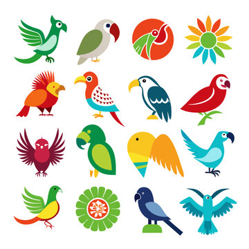 Collection of stylized vector bird and floral icons