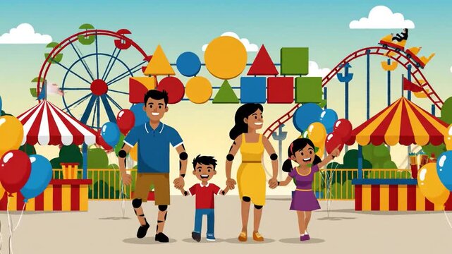 Animated family having fun at amusement park with rides and balloons cartoon style illustration for kids and commercial projects