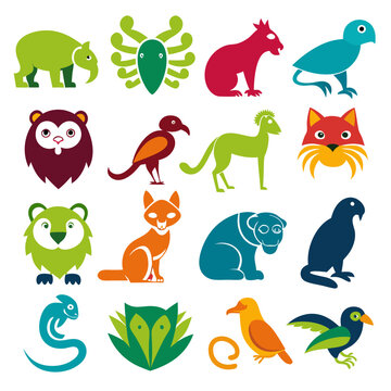 Colorful Vector Animal Icons Collection on White Background