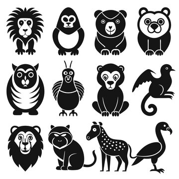 Set of stylized black and white animal vector icons