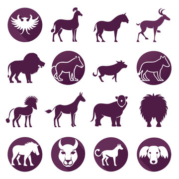 Collection of flat animal icons on dark plum background