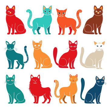 Collection of stylized cats with varied colors and poses