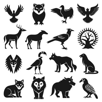 Black vector animal silhouettes with decorative tree illustration