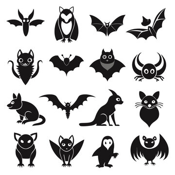 Black silhouettes of various bat species and some animals