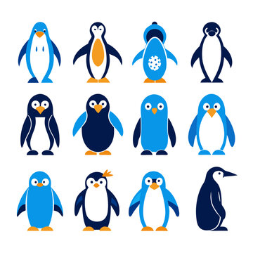 Collection of twelve stylized penguin illustrations on a white background