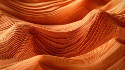 Obraz premium Abstract orange landscape resembling flowing dunes or wood grain features rhythmic wave-like patterns and a textured surface, creating an artistic background.