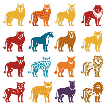 Graphic Flat Design of Various Lions and Panthers Silhouettes