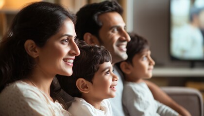 Fototapeta premium Young Indian/Asian Family Bonding Over Watching Television Together On The Sofa With Selective Focus On The Screen. Enjoying Family Time.