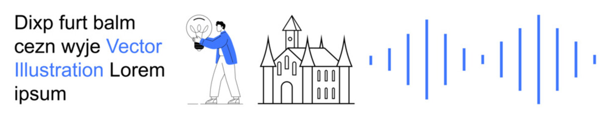 Obraz premium Education, storytelling, fantasy , creativity, sustainability, digital communication. A person holding a globe, a medieval castle and sound wave graphics. Education and storytelling ideas visually