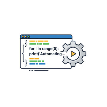 Code editor window with gear for software automation concept