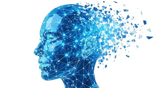 Disintegrating blue human head with particles exploding from brain
