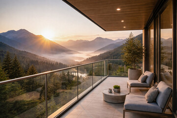 Fototapeta premium Modern Balcony With Mountain View At Sunrise In Luxury Home