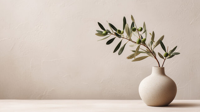 Beige ceramic vase olive branch minimalist interior decor concept slow living spring solstice housewarming