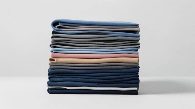 A neatly folded stack of assorted colored t-shirts on a plain surface