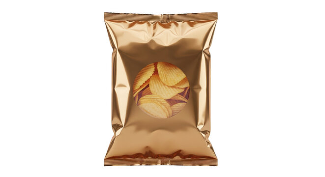 Golden potato chips bag isolated on transparent background