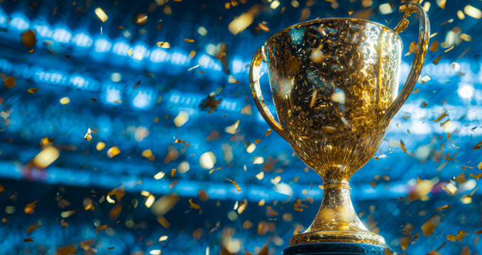 Golden trophy with confetti on a blurred background of a sports arena.