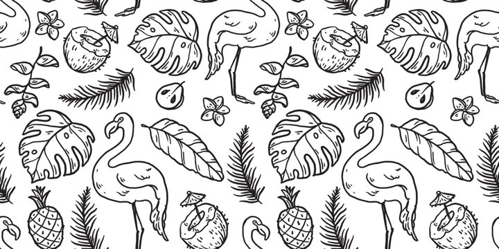 Seamless tropical doodle pattern. Hand drawn palm leaves monstera, flamingo, toucan, exotic flowers, fruits. Black and white line art vector background