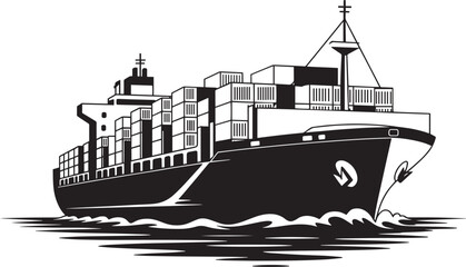 A black and white graphic illustration of a large cargo ship carrying containers across the ocean © Top Design 