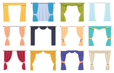 Window interior curtains. Textile decor for home, apartment windows or entrance. Silk, velvet drapery, airy transparent tulle. Room decorations, sapid vector set © MicroOne