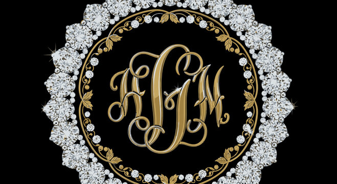 Elegant Monogram with Floral and Diamond Accents - HJM Initials