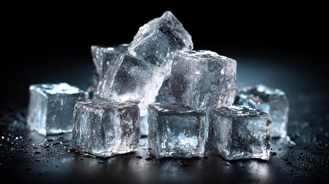 Pile of crystal clear ice cubes stacked on dark black background with high contrast lighting and fresh frozen texture