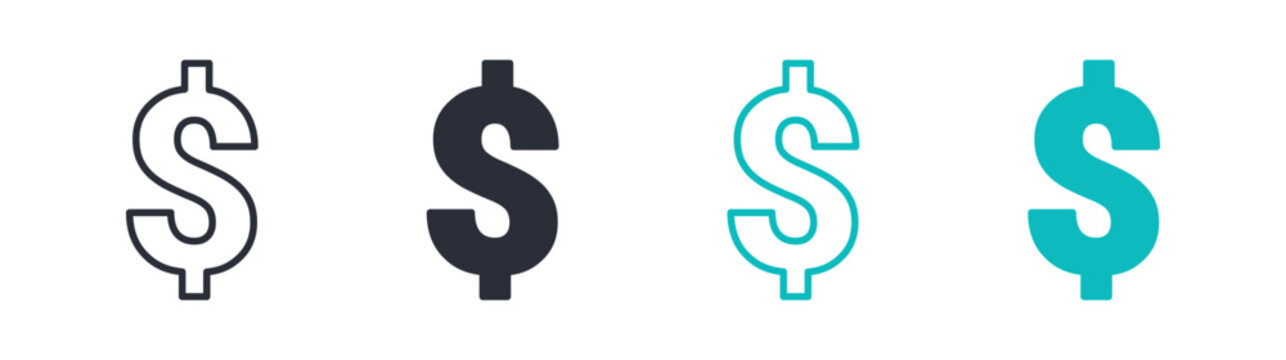 Dollar icons, money currency symbol, finance and payment icon in line and silhouette style, vector illustration