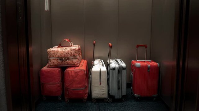 Luggage waiting inside an open elevator, ready for travel and transport