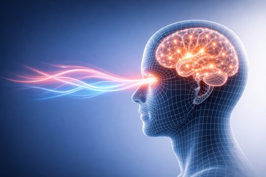 Illumination of Mind: A conceptual depiction of the human brain emitting vibrant energy, symbolizing intelligence and mental acuity. The image is an artistic portrayal.