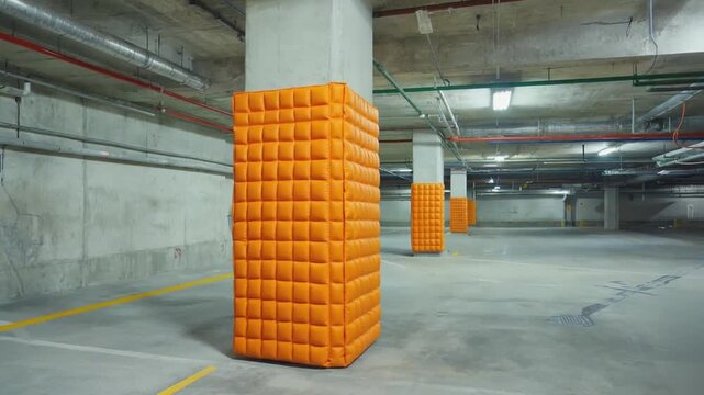 Padded protection on columns in a parking lot.