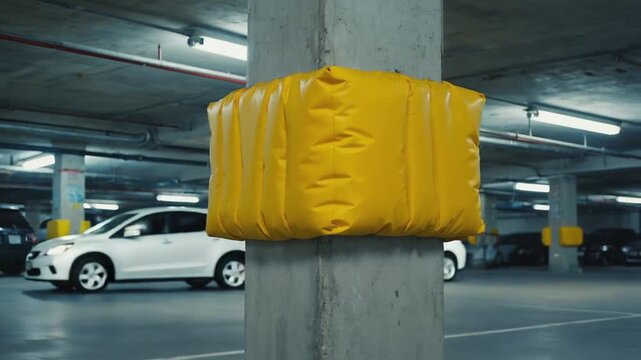 Padded protection on columns in a parking lot.