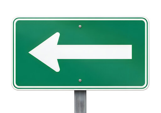 Green directional road sign with white arrow pointing left