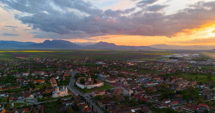 Aerial view of Prejmer fortified Church at sunset. UNESCO world heritage site 