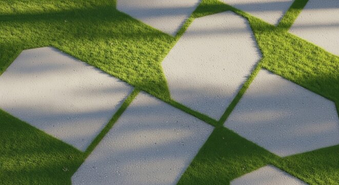 Modern geometric landscaping design featuring interlocking light gray concrete pavers with vibrant green artificial turf infill creating an abstract pattern on a sunny day