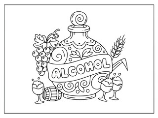Fototapeta premium Cocktail coloring page with a drink glass and a bottle on a wooden table