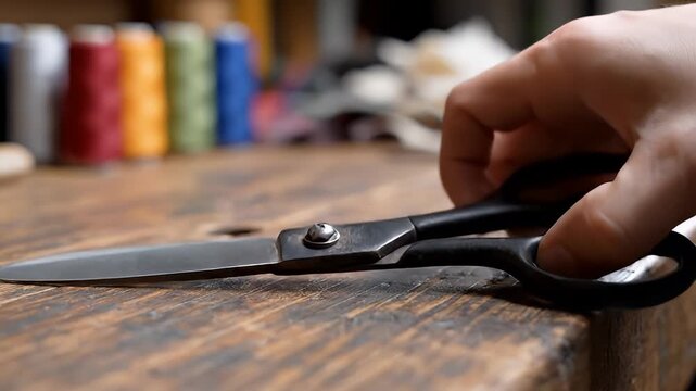 Sewing Scissors on Wooden Table.