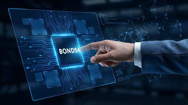 A businessman interacts with a futuristic digital screen displaying BONOS.