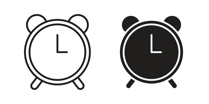 Alarm plus icon set in black outline and fill. Editable icons