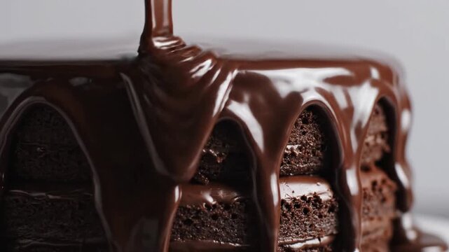 Close-up of a decadent chocolate layer cake with frosting, as smooth ganache is poured over the top, sweet food, homemade cake, delicious dessert
