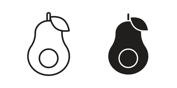 Avocado icon set in black outline and fill. Editable icons