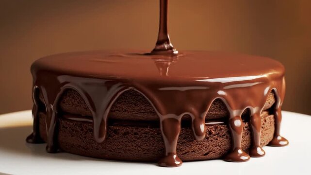 Two-layer chocolate cake generously frosted and being covered with smooth, flowing sauce for an exquisite dessert, sweet food, homemade cake