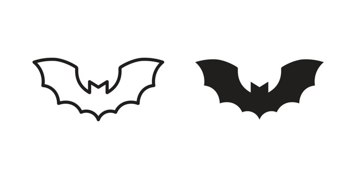 Bat icon set in black outline and fill. Editable icons