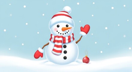 Fototapeta premium A cheerful snowman in a snowy landscape with a carrot nose and coal eyes