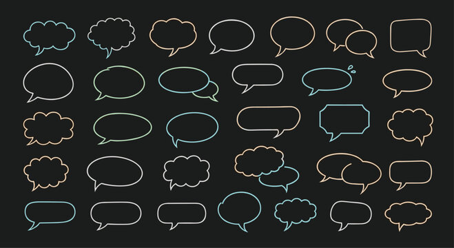 Large set of speech bubbles and thought clouds in various shapes with colorful neon like outlines on a dark black background.