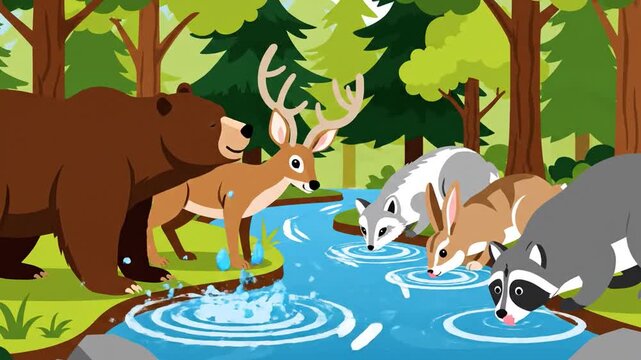 Animated forest scene animals drinking from river brown bear deer rabbit raccoon badger green trees cartoon style