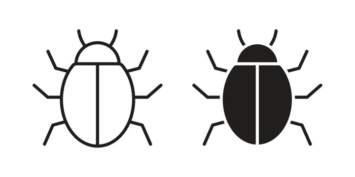 Bugs icon set in black outline and fill. Editable icons