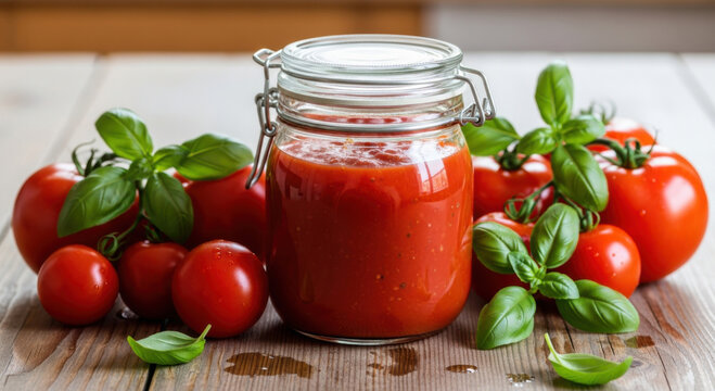 Glass jar of homemade tomato sauce with vibrant red hue flanked by fresh tomatoes and basil sprigs on a wooden table
