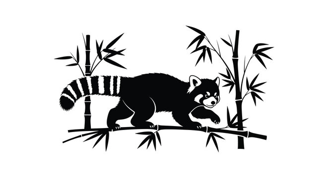 A black silhouette of a red panda perched on a bamboo branch amidst lush foliage displaying a striking silhouette high quality